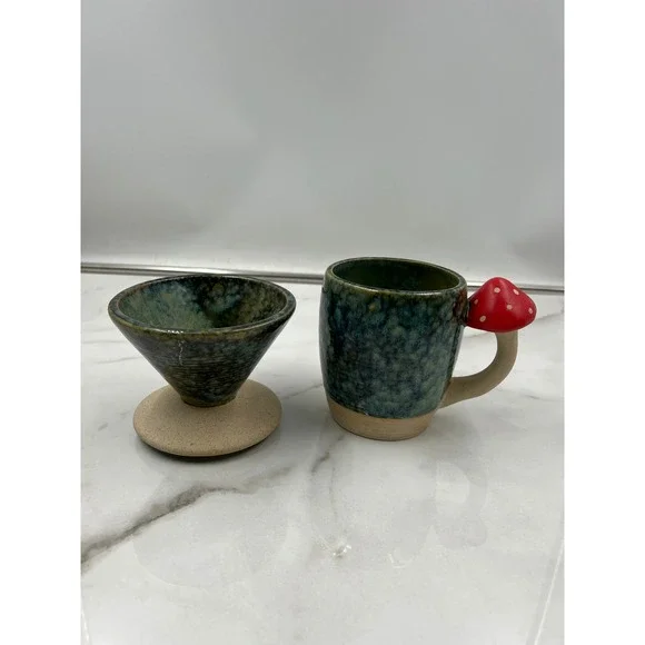 Urban Outfitters UO Home Mushroom Pour Over Coffee Mug Set Teal Green Ceramic